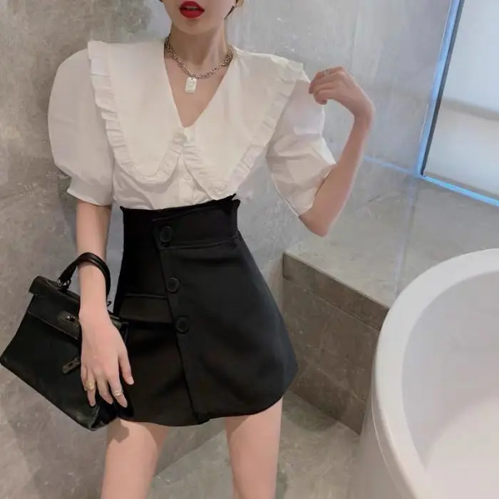 

2022 Summer Women Fashion Suits Female Short Sleeve Buttons Blouses + Irregular Wide Leg Shorts Skirts Ladies Two-piece Sets P63