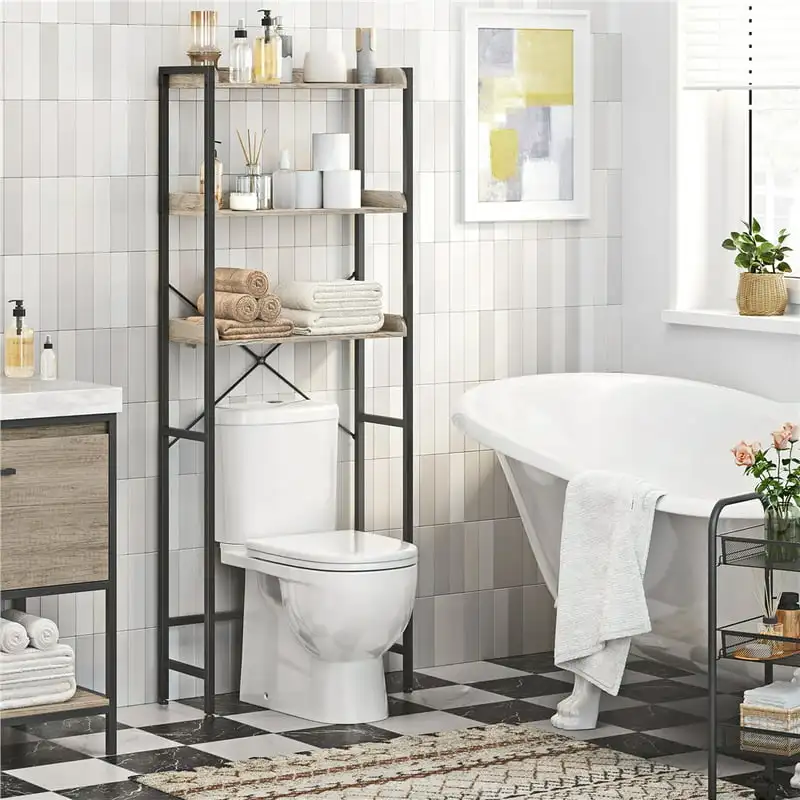 

Over-the -Toilet Storage Rack with Metal Construction and Wooden Open Shelf for Toilet, Gray