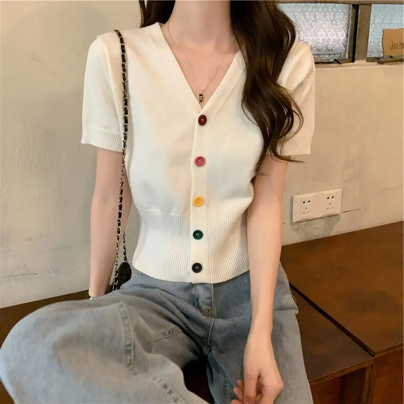

Knitted T-shirt Women's Short V-neck Color Button Short-sleeved Thin Top Women's