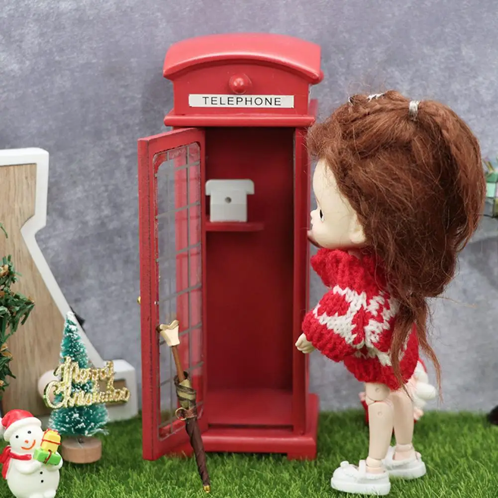 Premium Red Fun Miniature Dollhouse Phone Booth for 1/12 Doll House Model |