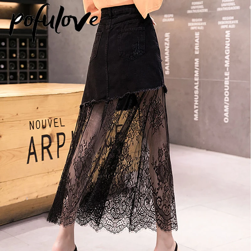 Jean Lace Skirt Woman Y2k Gothic Skirts Harajuku Sexy Pencil Mesh Faldas Denim Ripped Spring Summer |