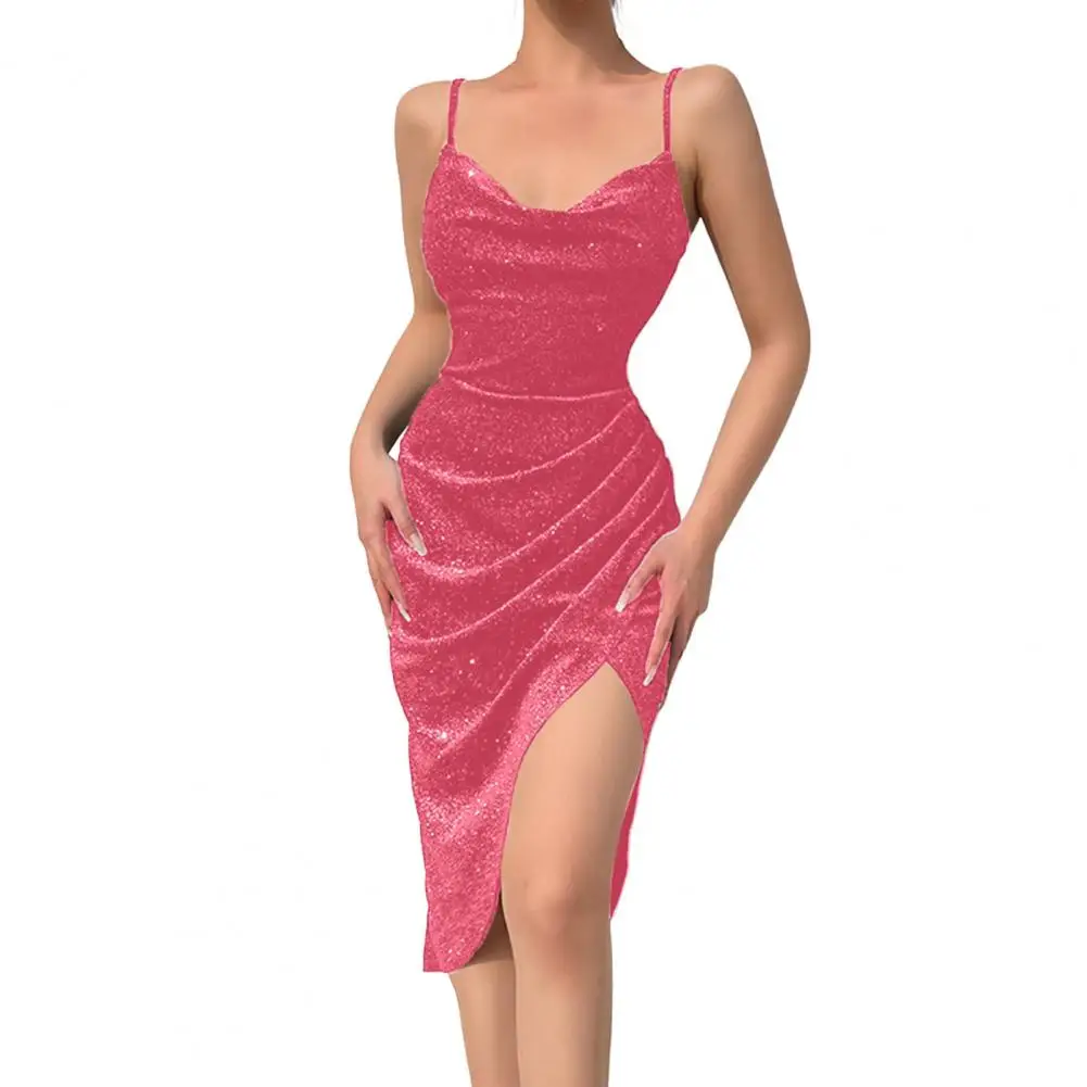 

Elegant Sexy Party Women Evening Dress Sling Shining Hip Wrap Midi Dress Low Collar Side Split Hem Gown Dress Club Wear Vestidos