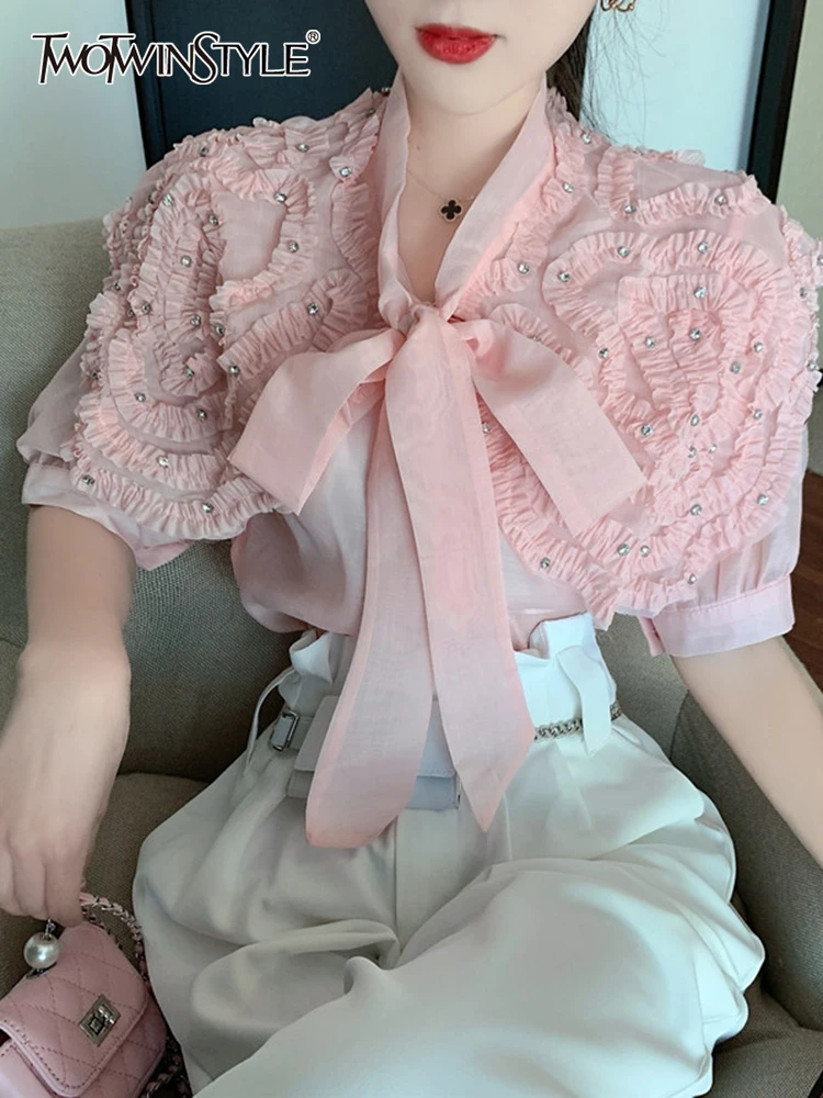 

TWOTWINSTYLE Patchwork Diamonds Solid Shirts For Women Bowknot Collar Short Sleeve Button Through Blouses Female 2022 New Style