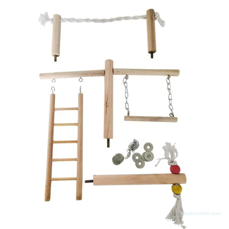 

C5AD Parrot Climbing Ladder Swing Toy Natural Wood Bird Conure Cage Play Gyms Playground Stand Rope Perch for Parakeet Cockatiel