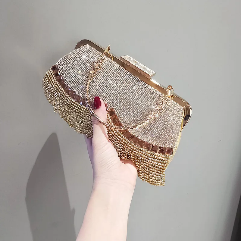 

New Design Evening Bags Rhinestones Tassel Day Clutch Acrylic Luxury Party Handbags With Shoulder Chain Purse