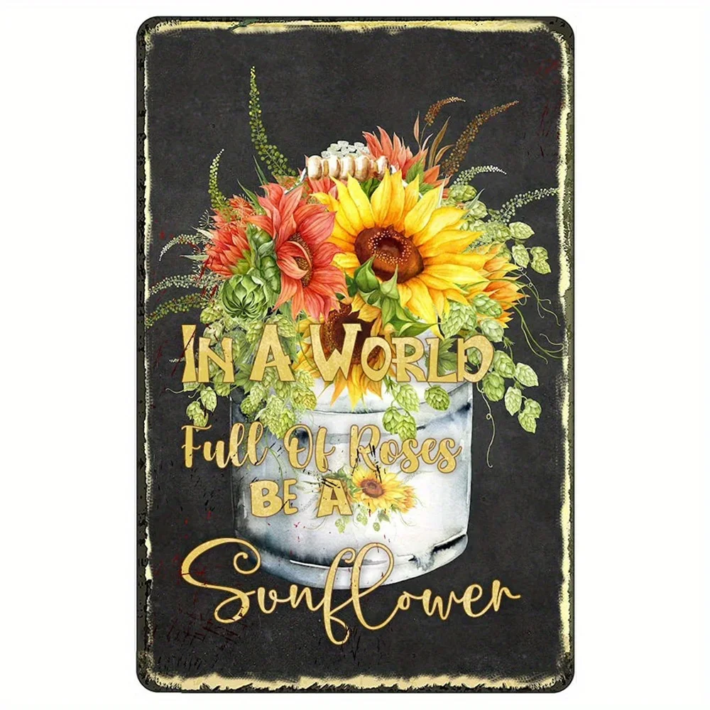

B New Metal Tin Sign Just Breathe Sunflower Bouquet Vintage Bouquet, Rustic Sunflower Wall Art Inspirational Quotes Fun