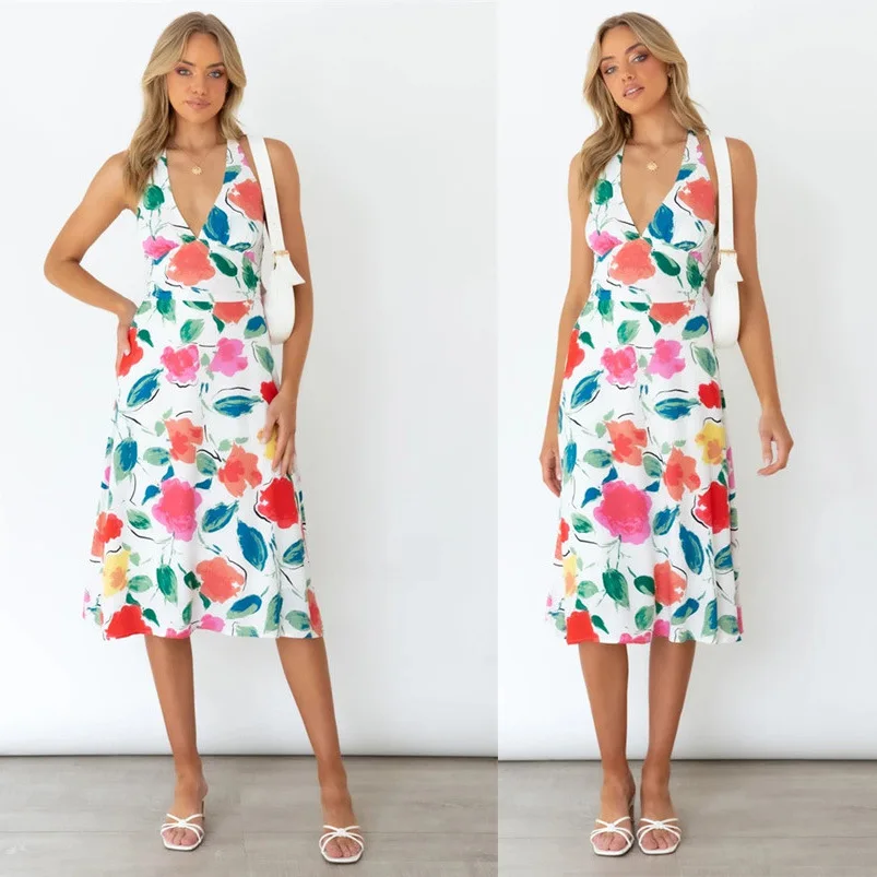 

European and American Women's Clothing 2022 Summer New Fashion Halter Neck V-neck Print Sexy Backless Slim Dress Women