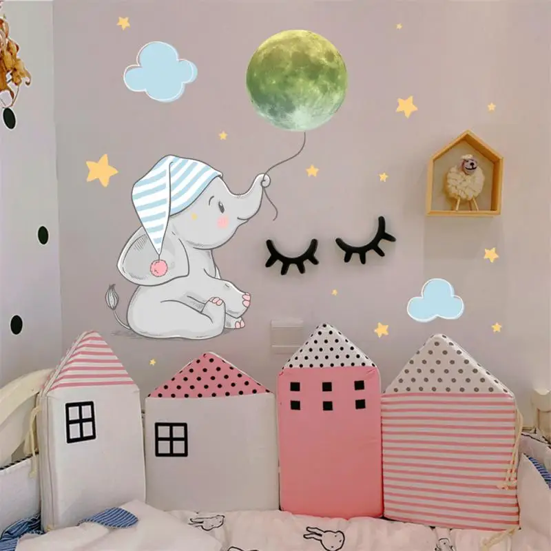 

Bright Bear Moon Elephant Wall Sticker Glowing Elephant Moon Wall Decal Cartoon Wall Sticker Baby Room Decoration