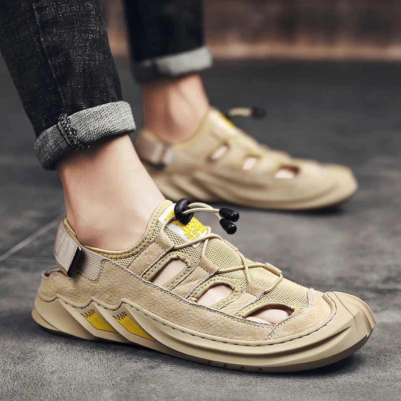 Сандалии мужские из натуральной кожи летняя дышащая повседневная обувь