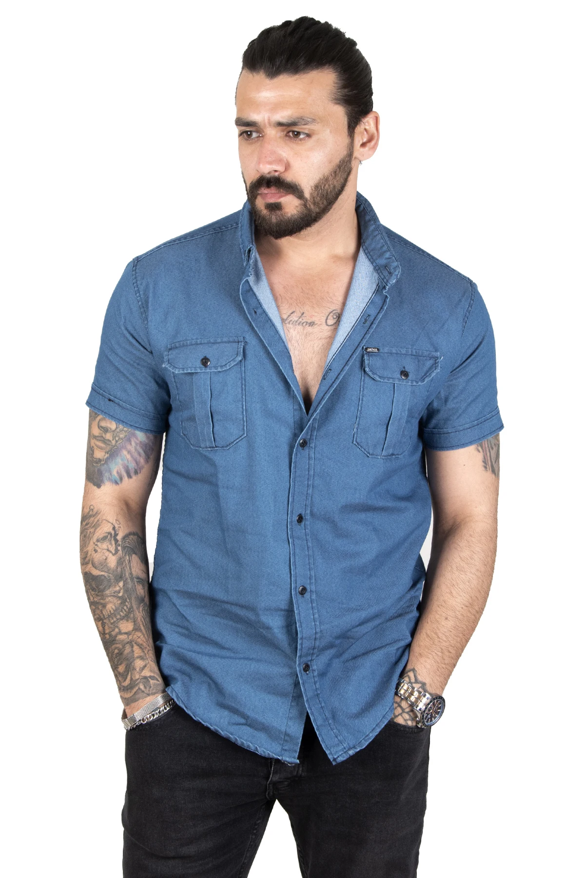 DeepSEA lycra slim cut buttoned short sleeve men's denim shirt 2201885