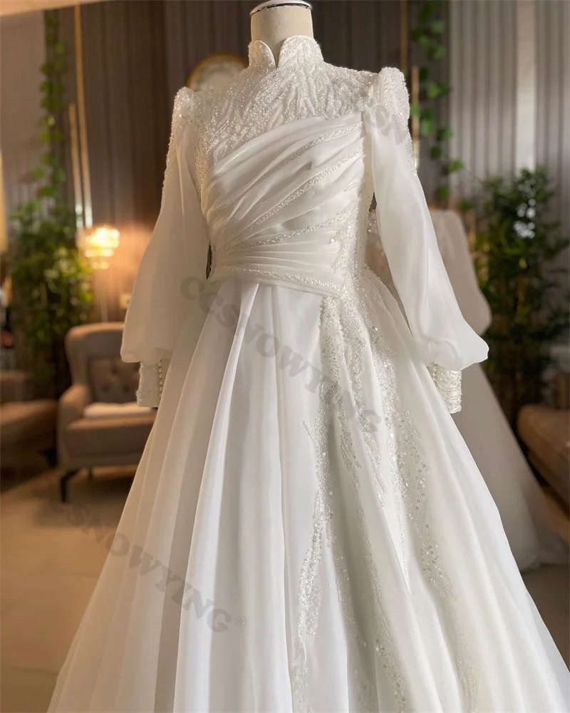 

Organza Appliques Muslim Wedding Dress for Bride Arabic Dubai Long Sleeve High Neck Islamic Hijab Bride Gown Vestidos De Novia