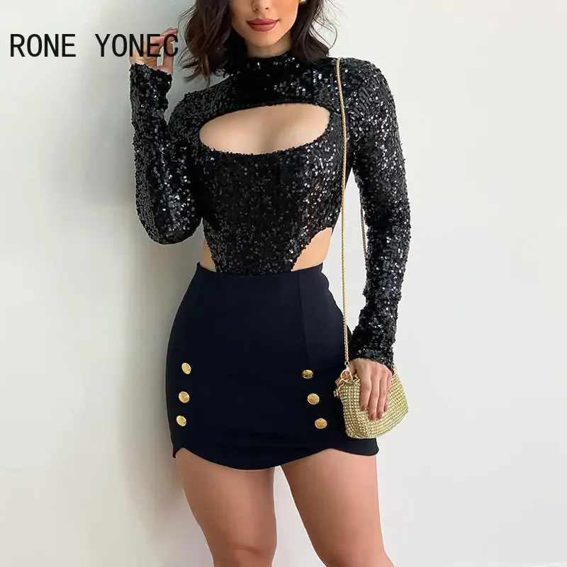 

Women Chic Elegant Allover Sequins Half High Neck Hollow Out Asymmetrical Tops
