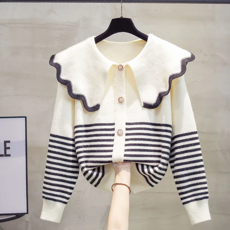 Doll Collar Knit cardigan Women 2023 Spring and Autumn New Korean Sle Loose Outer Wear Top Thickened Striped sweater Outerwear
