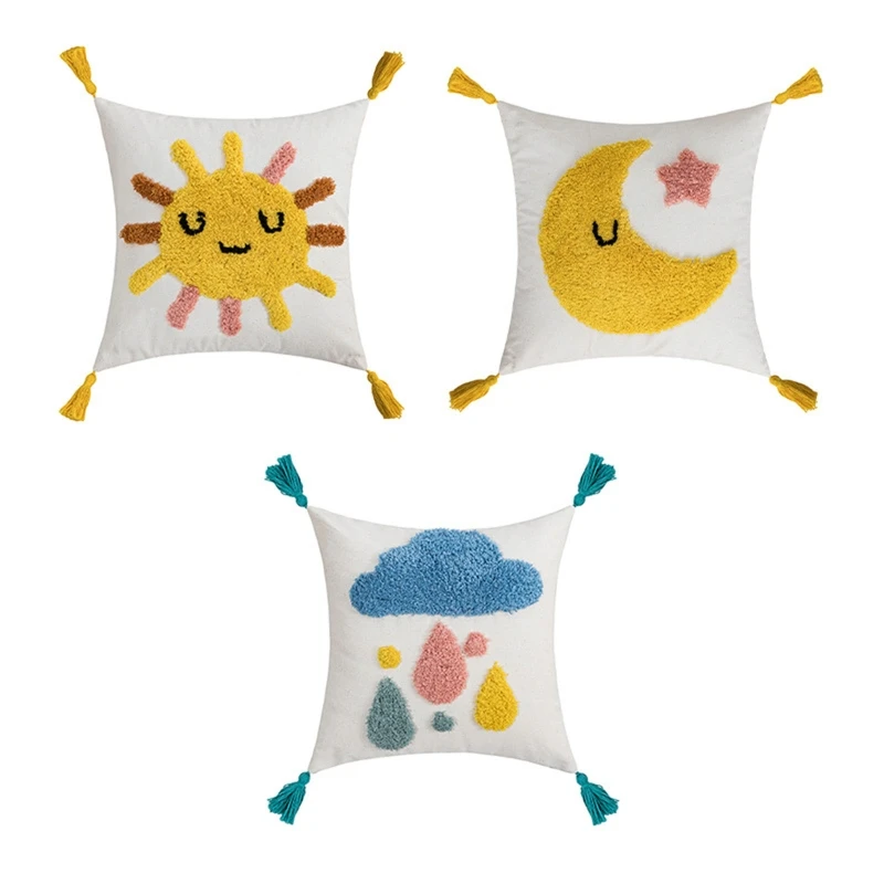 

Стеганая наволочка с кисточками и вышивкой, мультяшная квадратная наволочка для дома, спальни, офиса, украшение для кровати, стула