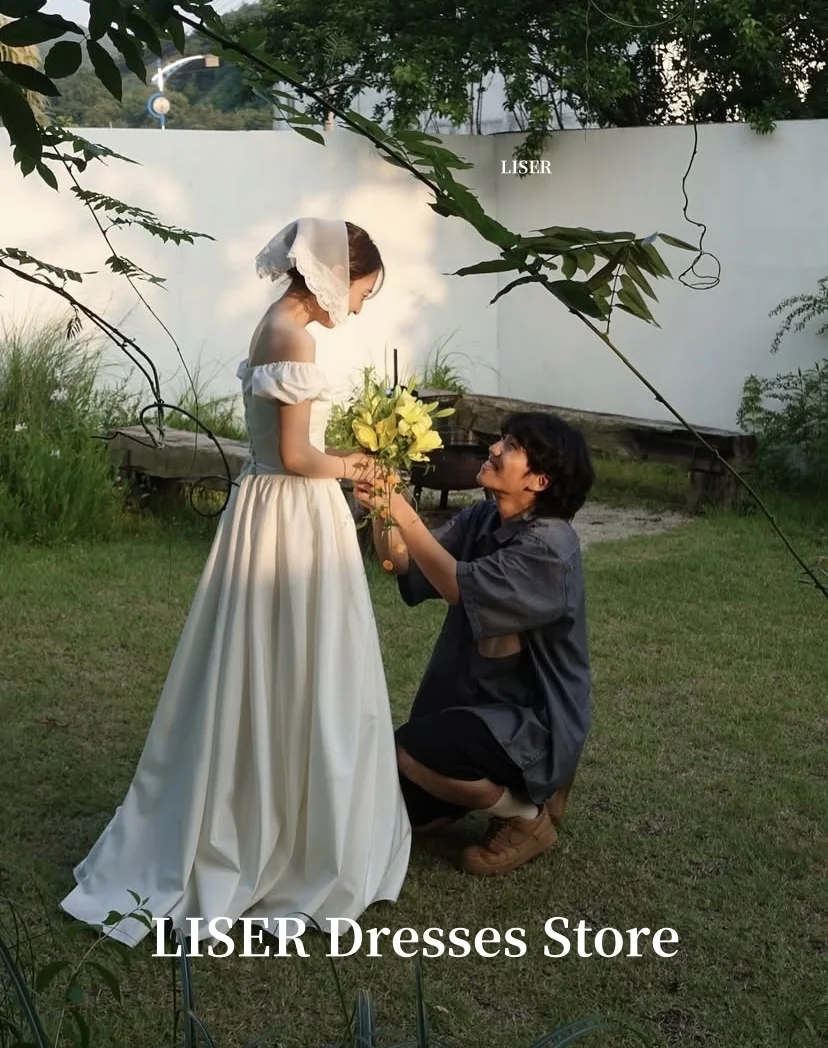 Фото Liser Sweetheart Корейские свадебные платья трапециевидной формы с короткими рукавами Простое шелковое атласное элегантное свадебное платье для фотосессии 저 opple 드레스 Настроить №4