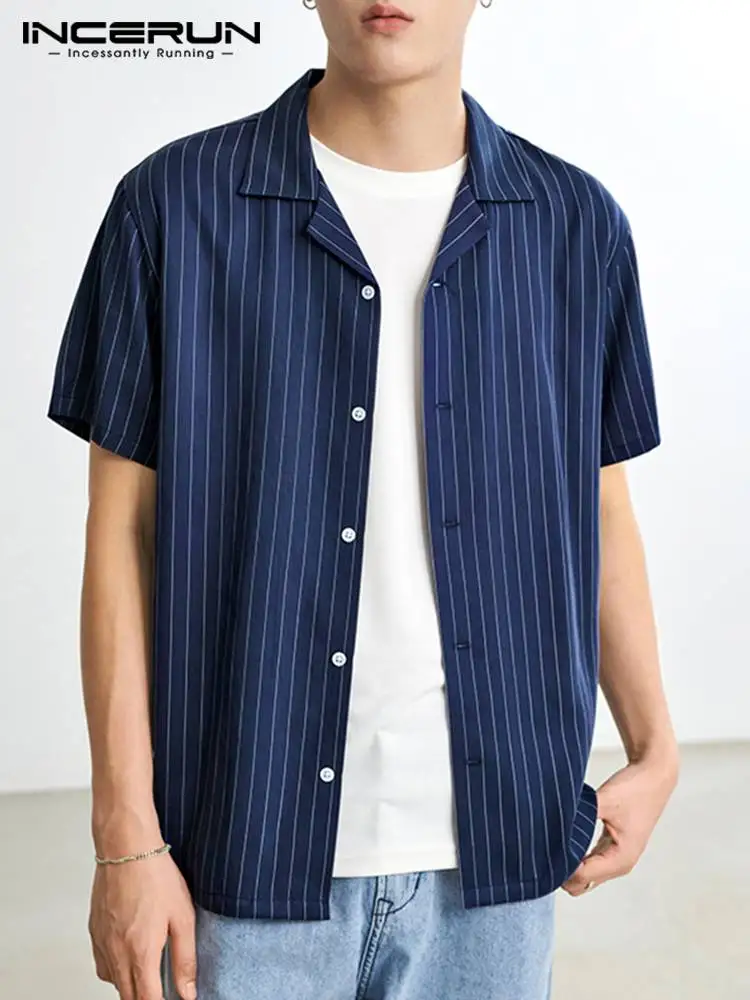 

Fashion Casual Style New Men's Tops INCERUN Striped All-match Blouse Stylish Well Fitting Lapel Short Sleeve Button Shirts S-5XL