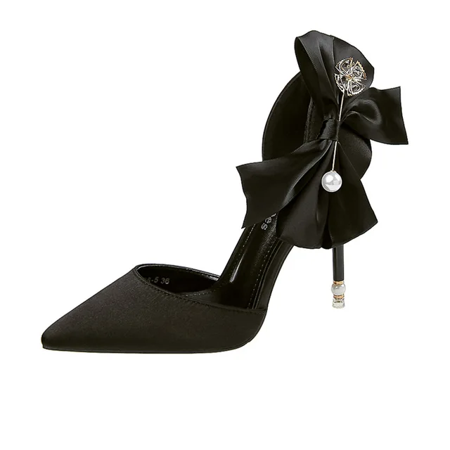 2022 Korean fashion pointed satin high heels bow sexy pearl sandals  stiletto shallow mouth wedding shoes | Обувь | АлиЭкспресс