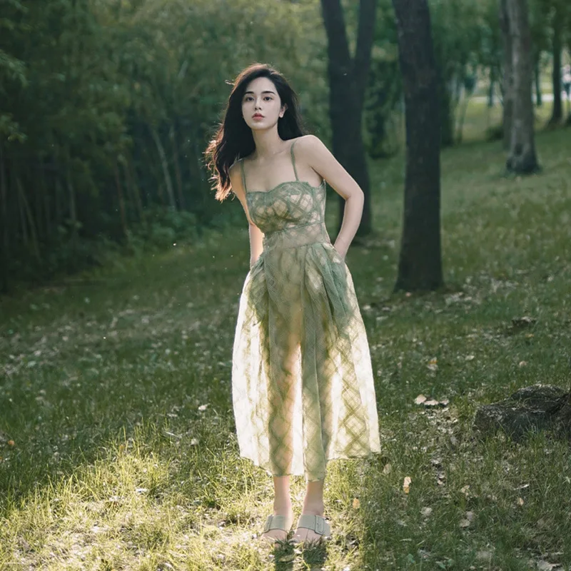 

Новинка лета 2022, модное классическое модное Роскошное дизайнерское повседневное универсальное женское характерное Сетчатое платье на бре...