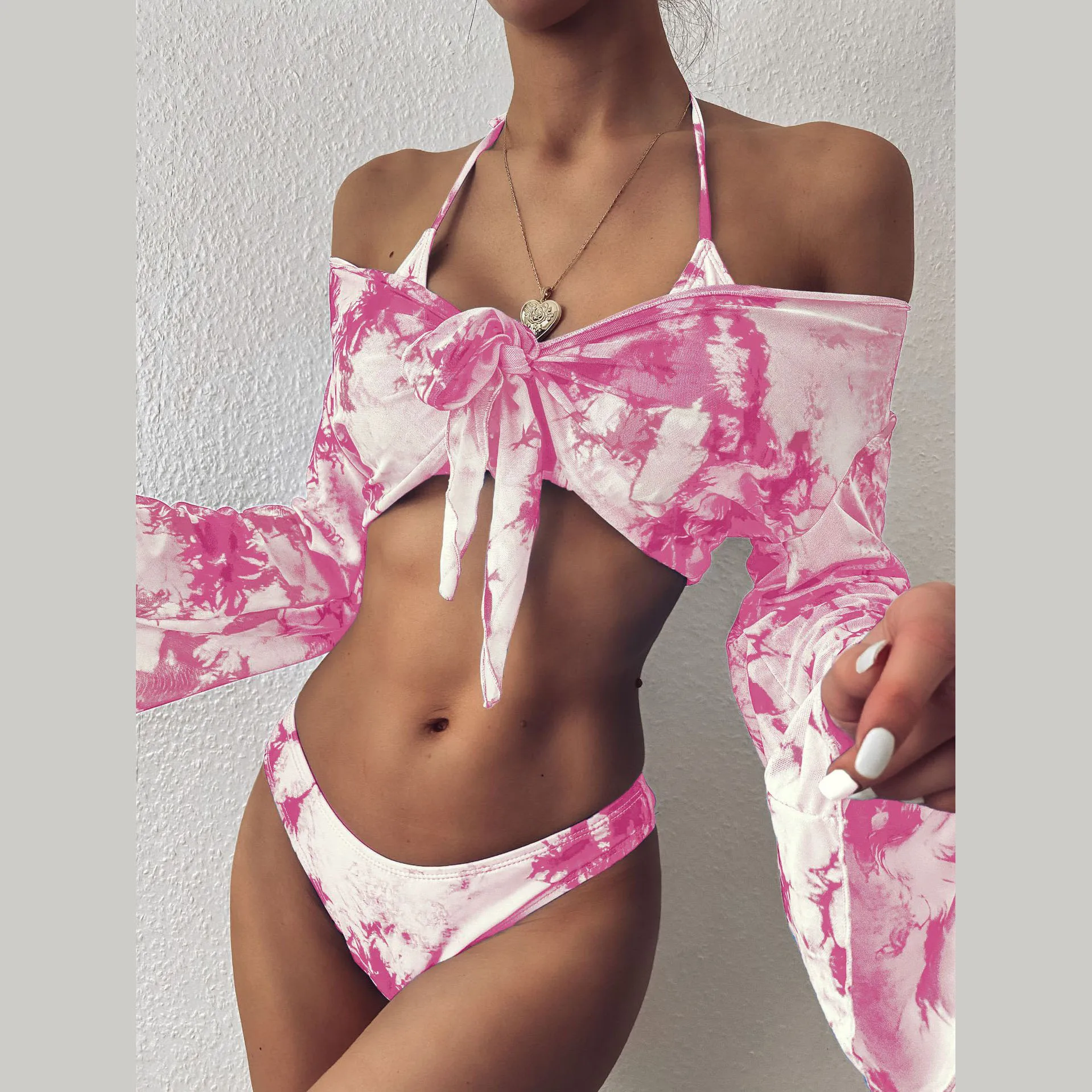 

2022 Women Split Swimsuit Sexy Long Sleeve Three-piece Set Leopard Print Bikini Separate Swimwear Beach Bathing Suits Bikinis