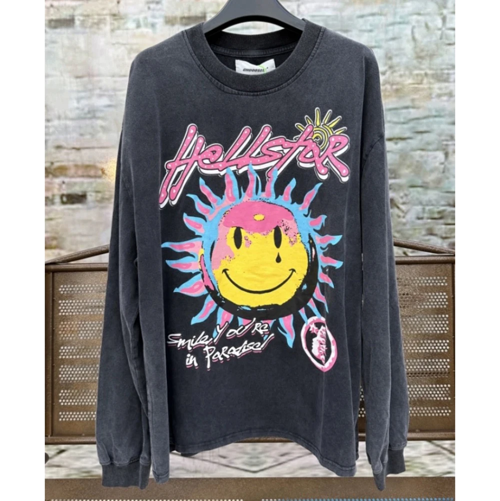 

Streetwear Smiley Letter Print Washed Long Sleeve Tshirts for Men Crew Neck Ropa Hombre Casual Baggy Tees Y2K Oversized Tops