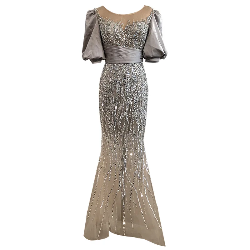 

Luxury Evening Dresses Mermaid Half Sleeves Tulle Beaded Long Turkey Dubai Saudi Arabic Evening Gown Prom Dress