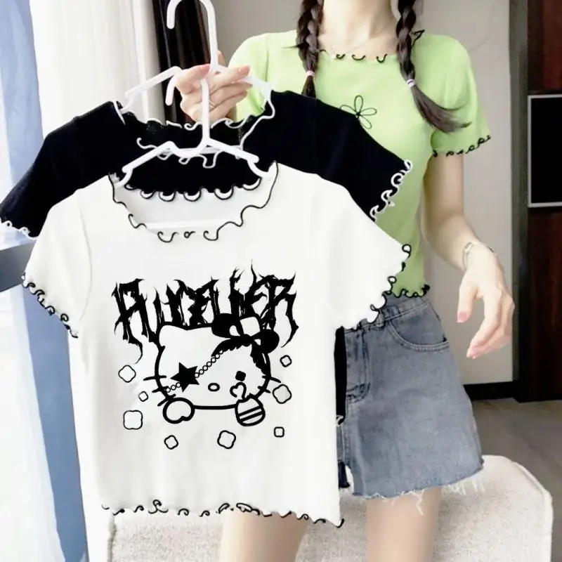 

Kawaii Sanrio Hello Kitty Kuromi Cartoon Anime Short Sleeve Long Sleeve Printed Crew Neck Navel Exposed Contrast Color T-Shirt