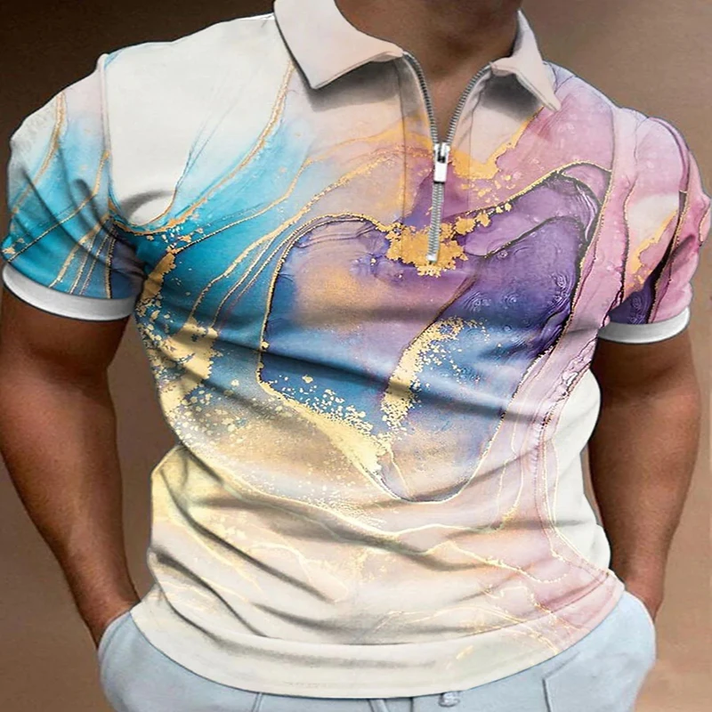 

Vintage Art Marble 3D Print Polo Zipper Short Sleeve Shirt for Men