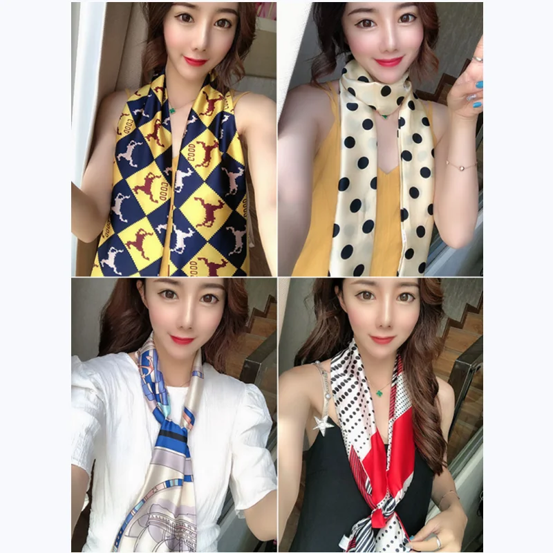 

2021 Women Silk Satin Hair Band Scarf Skinny Neck Tie Fashion Print Fruit Ribbon Hand Bag Wirst Towel Headscarf Girl Foulard