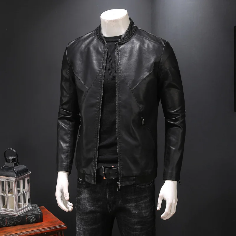 

Мужская кожаная куртка с воротником-стойкой, осенне-зимняя брендовая модная мужская Байкерская верхняя одежда из искусственной кожи в Коре...
