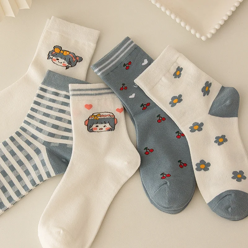 

Cute cartoon girl blue socks striped plaid small floral Japanese kawaii stockings students four seasons general cotton socks