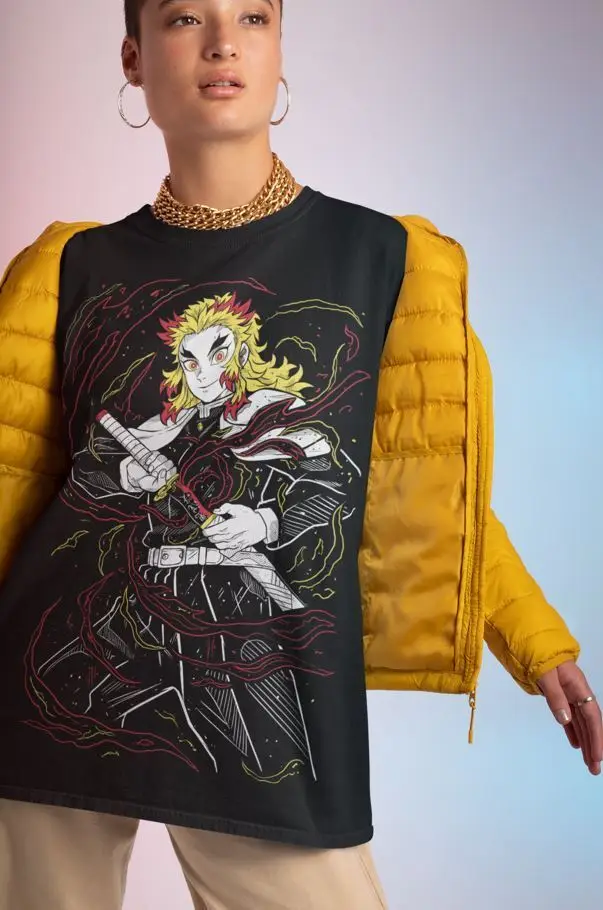 Футболка Kyojuro Rengoku Demon Slayer: Kimetsu no Yaiba Anime Sayaer черная рубашка всех размеров