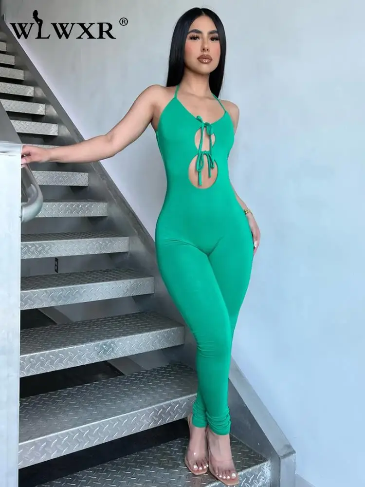 

WLWXR Summer Streetwear Jumpsuit For Women 2022 Sleeveless Backless Bodycon One Piece Outfits Hollow Out Rompers Women Jumpsuits