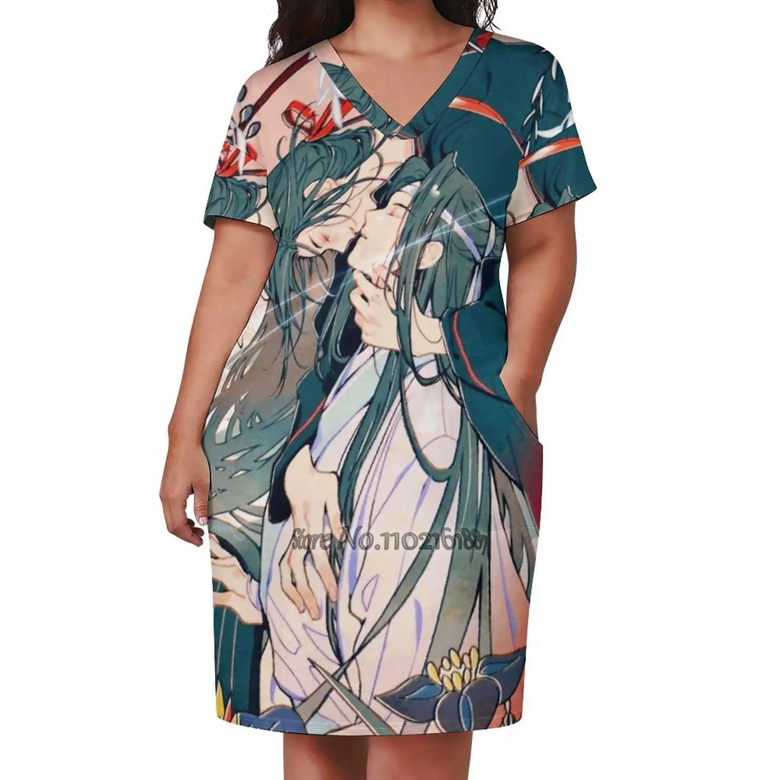 Vintage Mo Dao Zu Shi Poster V-Neck Short Sleeve Dress A-Line Skirt Women'S Clothing Office Lady Elegant Skirt Movie Mo Dao Zu