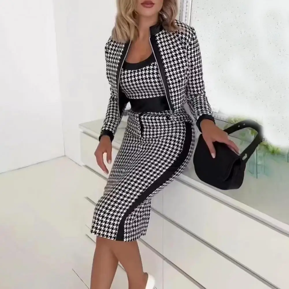 

Autumn Fashion Printing Three Piece Set Women Casual Sleeveless Tops Skirt Zipper Coat Three Piece Set Women Winter