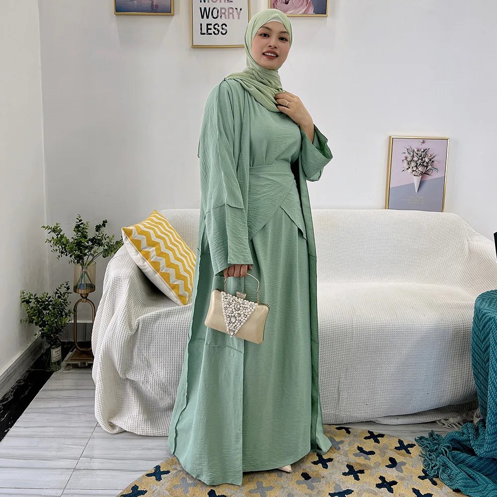 3 Pieces Set Matching Set Muslim Maxi Dress Women Clothing Hijab Open Abaya For Turkey Iran Dubai Ramadan Islam Skirt