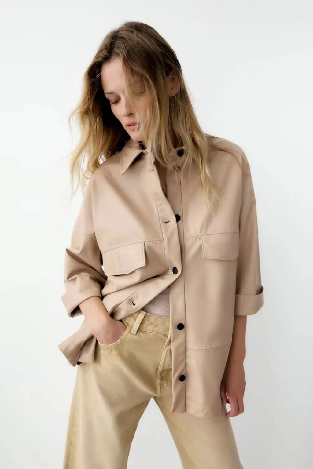 MOLAN Fashion Woman Leather Jacket Za Pu Coat Camel Singal Breasted Chic Pockets High Street Outwear Top Female PU Coat