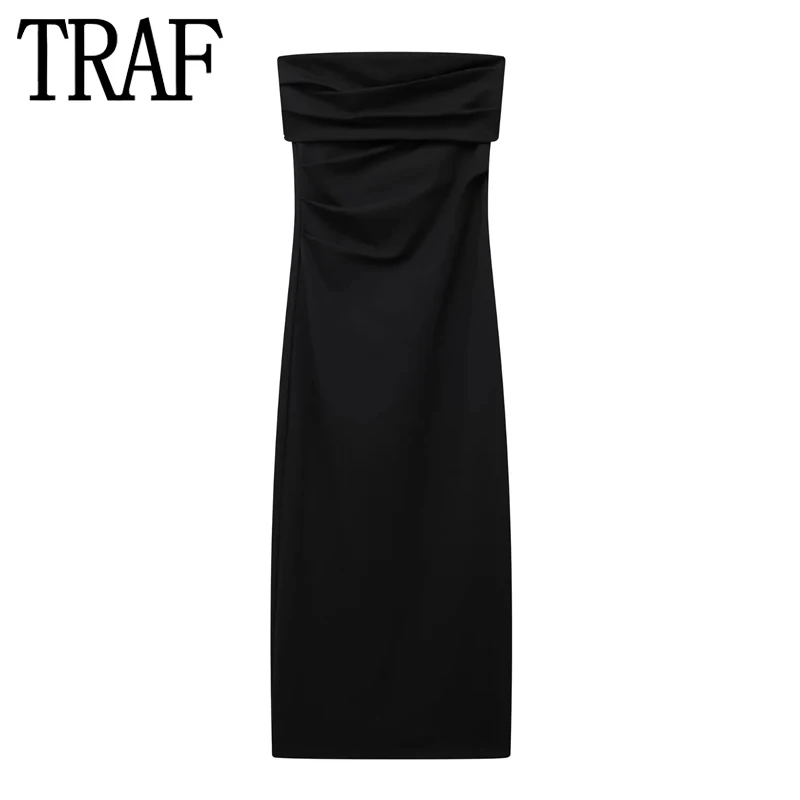 

Черное облегающее платье TRAF 2023, женские летние длинные платья с открытыми плечами для женщин, Соблазнительные вечерние платья средней длины с рюшами и открытой спиной