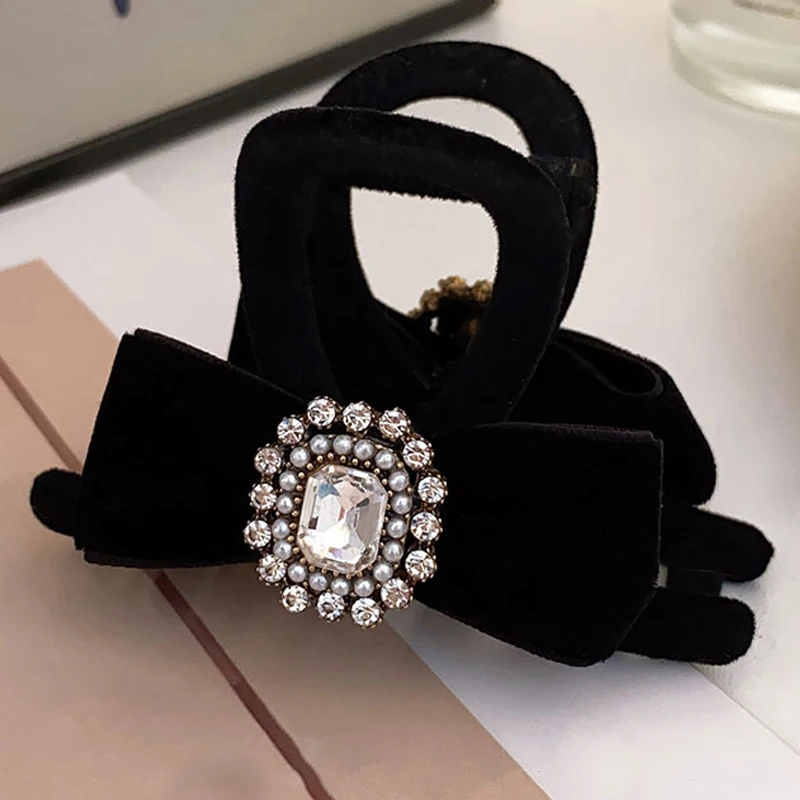 Заколка для волос с бантом из стразов во французском стиле ретро бархатная