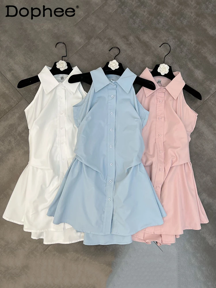 

2022 Summer Lapel Sleeveless Folds Waist Women's Dress White Single Breasted Loose Causal Famale Dresses Tide New