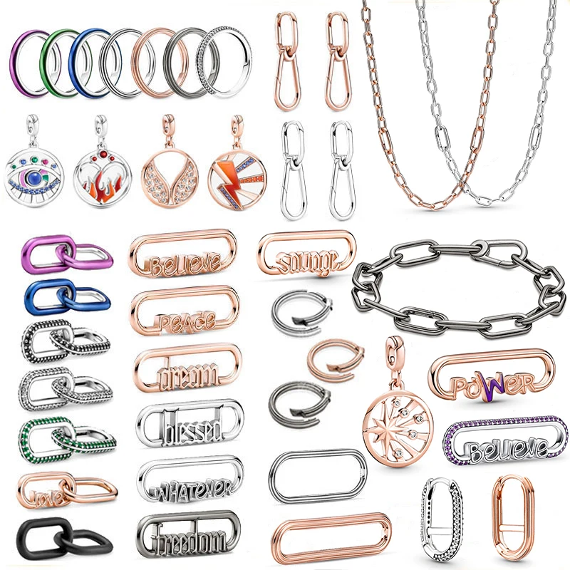 

NEW 925 Sterling Silver Pan ME Styling Pavé Double Link Shocking Purple Ring Hoop Earring FIt DIY Chain Necklace Bracelets