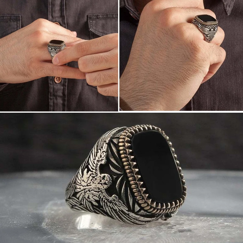 

Punk Gothic Men's Engraving Flying Eagle Animal Pattern Finger Ring with Black Square Stone Crystal for Male Party Jewelry