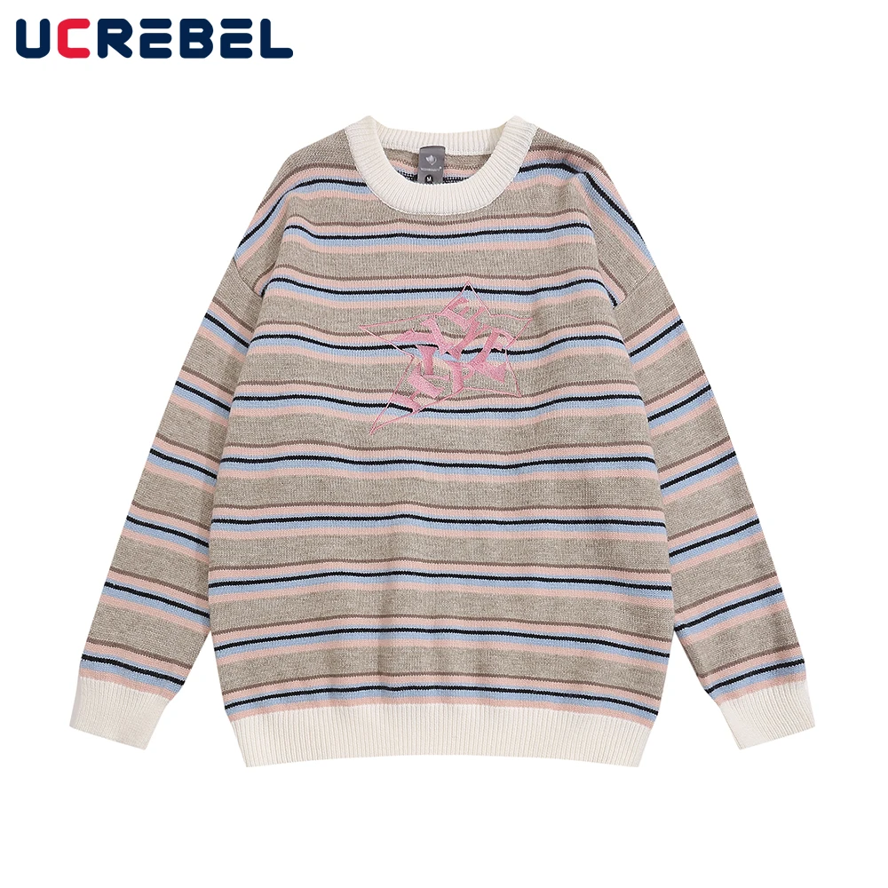 

Мужской свободный свитер в контрастную полоску, Повседневный свитер с круглым вырезом и вышивкой звезд, уличная одежда с длинным рукавом для осени