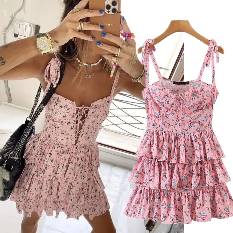 

Dave&Di Indie Folk Bohemian Holiday Mini Dress Vintage Floral Printing Bandage Cake Skirt Sexy Spaghetti Strapless Beach Dress