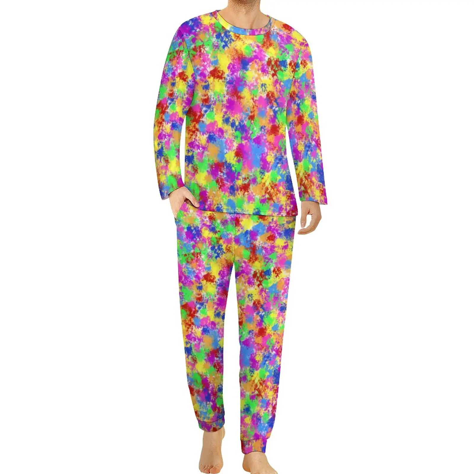 Rainbow Splash Pajamas Daily 2 Pieces Trendy Neon Print Cute Pajama Sets Men Long Sleeve Night Trendy Sleepwear Big Size 4XL 5XL