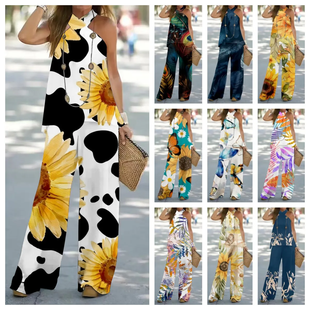 

Elegant Women's Sexy Top+Pants 2 Piece Set 2023 Summer Print Lace up Open Back Sleeveless Shirt Wide Leg Pants Office Lady Suit