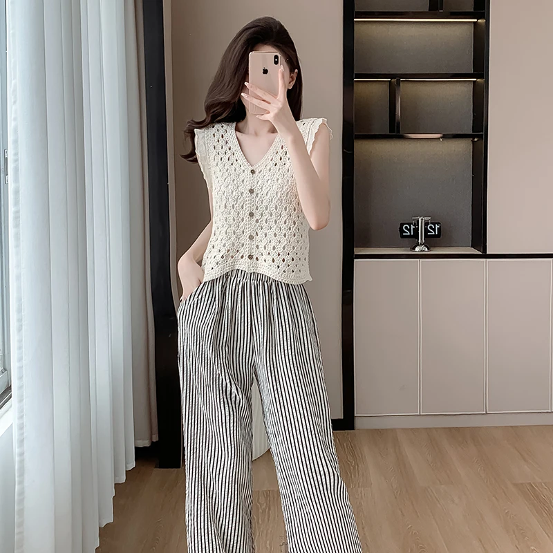 Женский комплект из двух предметов Трикотажный жилет и брюки с широкими