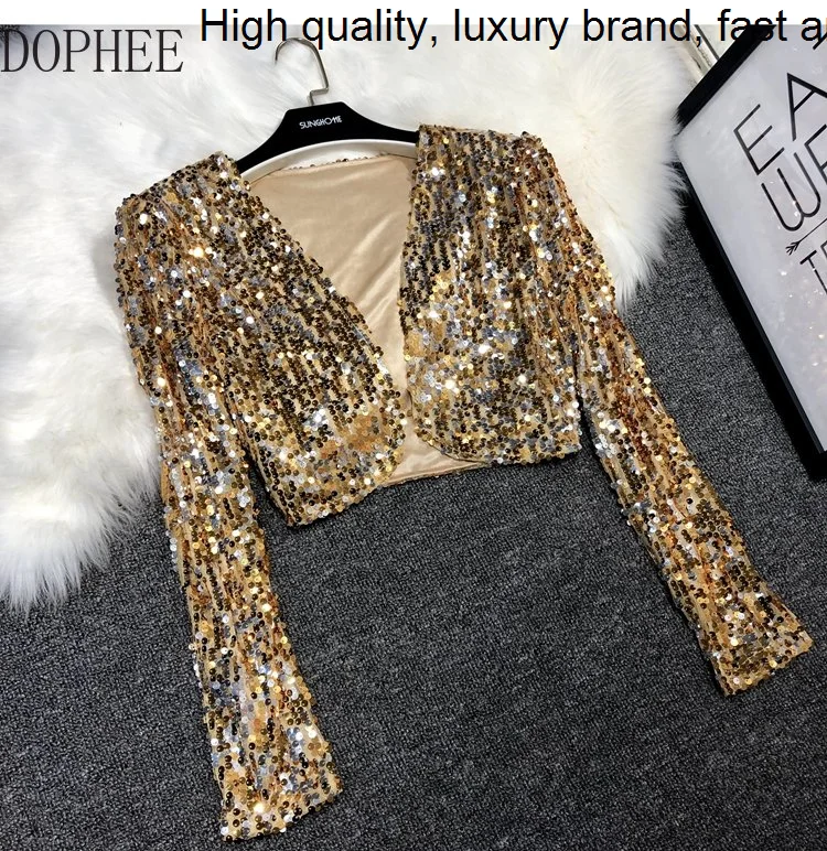 

All-match UltraShort BINGBING Gold Sequins Suit Jacket Waistcoat Blazer Coat Jazz Dance Performance Clothes Long Sleeve V-neck