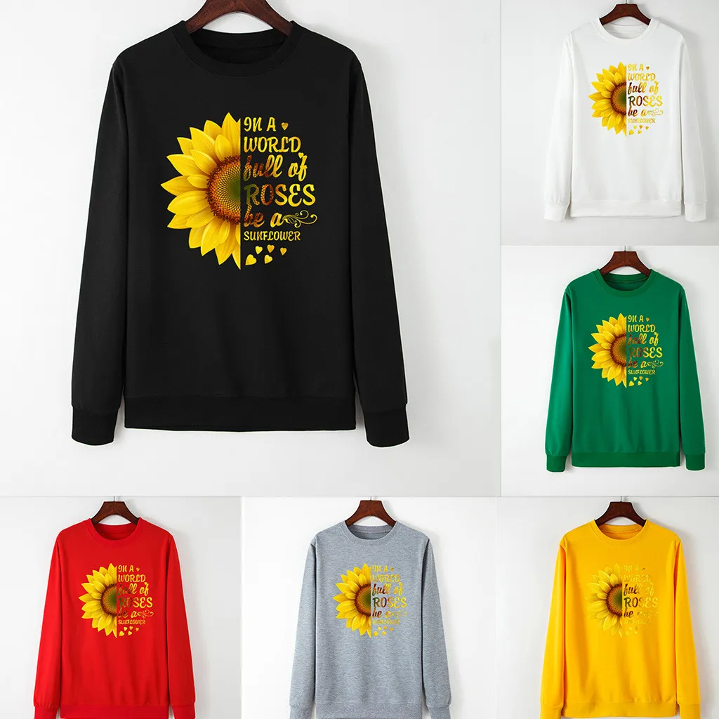 

Женская свободная толстовка с длинным рукавом и принтом подсолнуха, осенне-зимняя блузка, женские футболки для активного отдыха, футболки о...