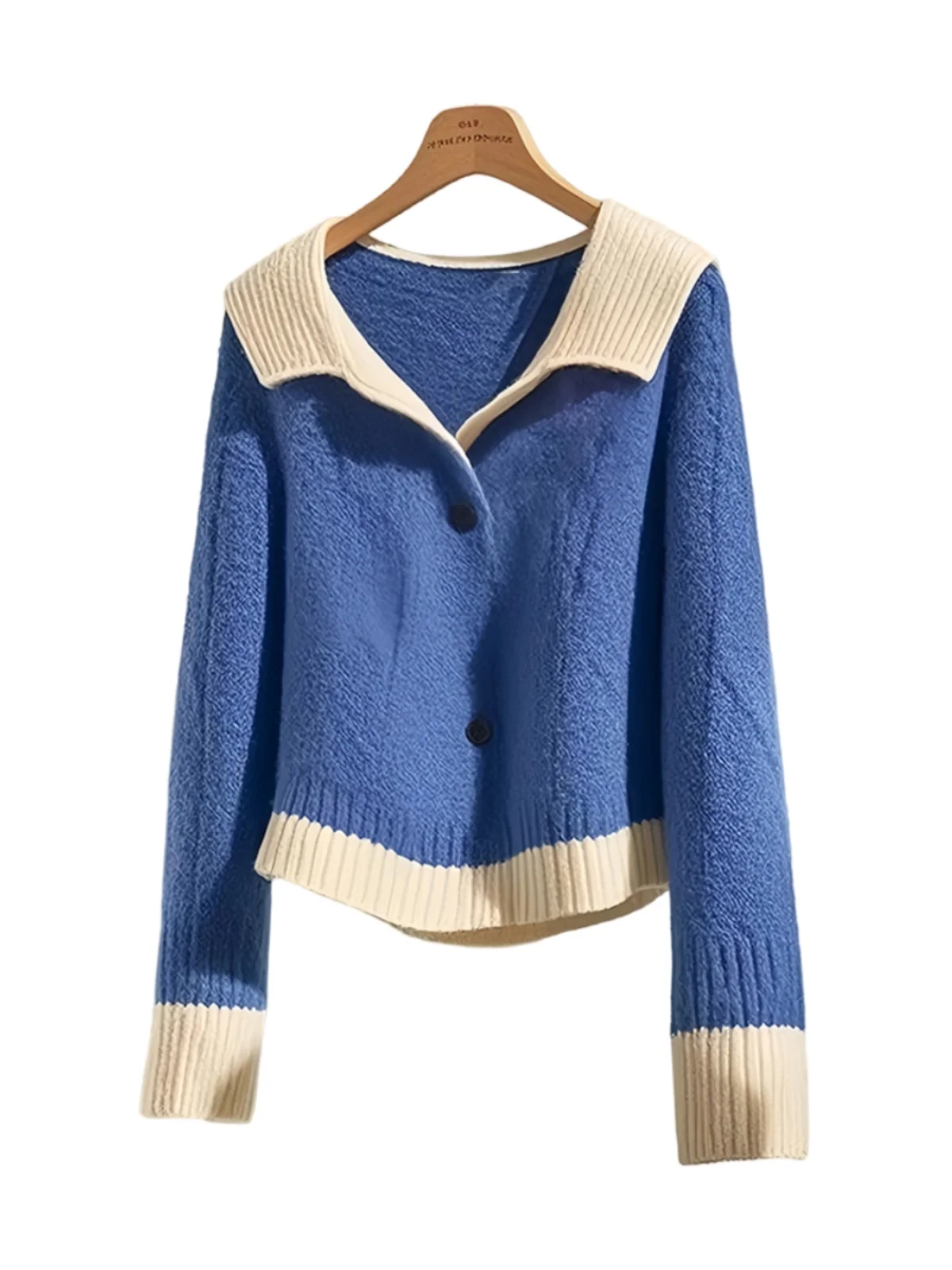 Blue Lapel Knit Sweater Women's 2024 New Late Autumn Early Winter Wear French sle Lazy High Sense Top