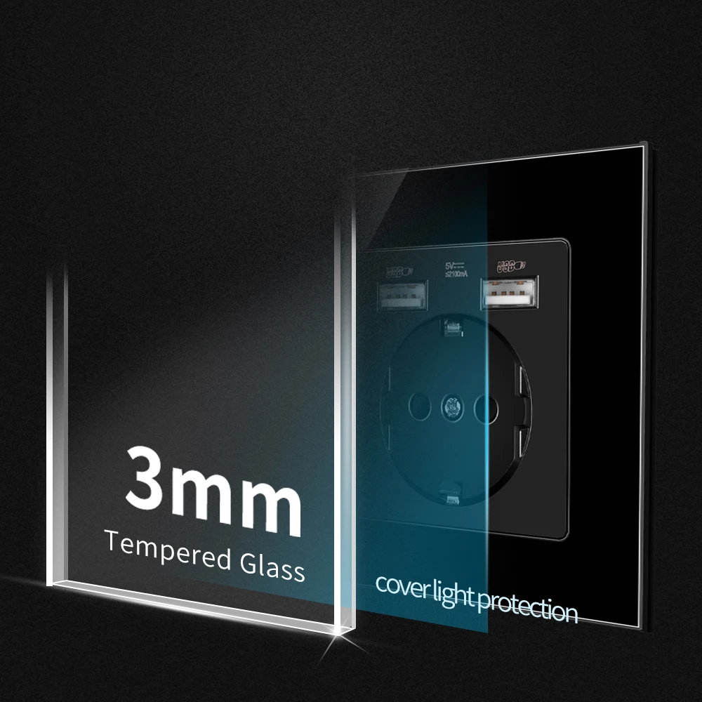 BONDA Сенсорный выключатель Touch Light Switch 220V с розетками EU Power Wall USB и светодиодными датчиками переключения 1/2/3Gang 1Way Crystal Panel Backlight on.